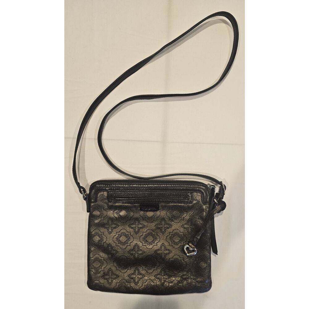 Brighton Peforated Metallic Smoke Gray Colored and Black Crossbody Purse